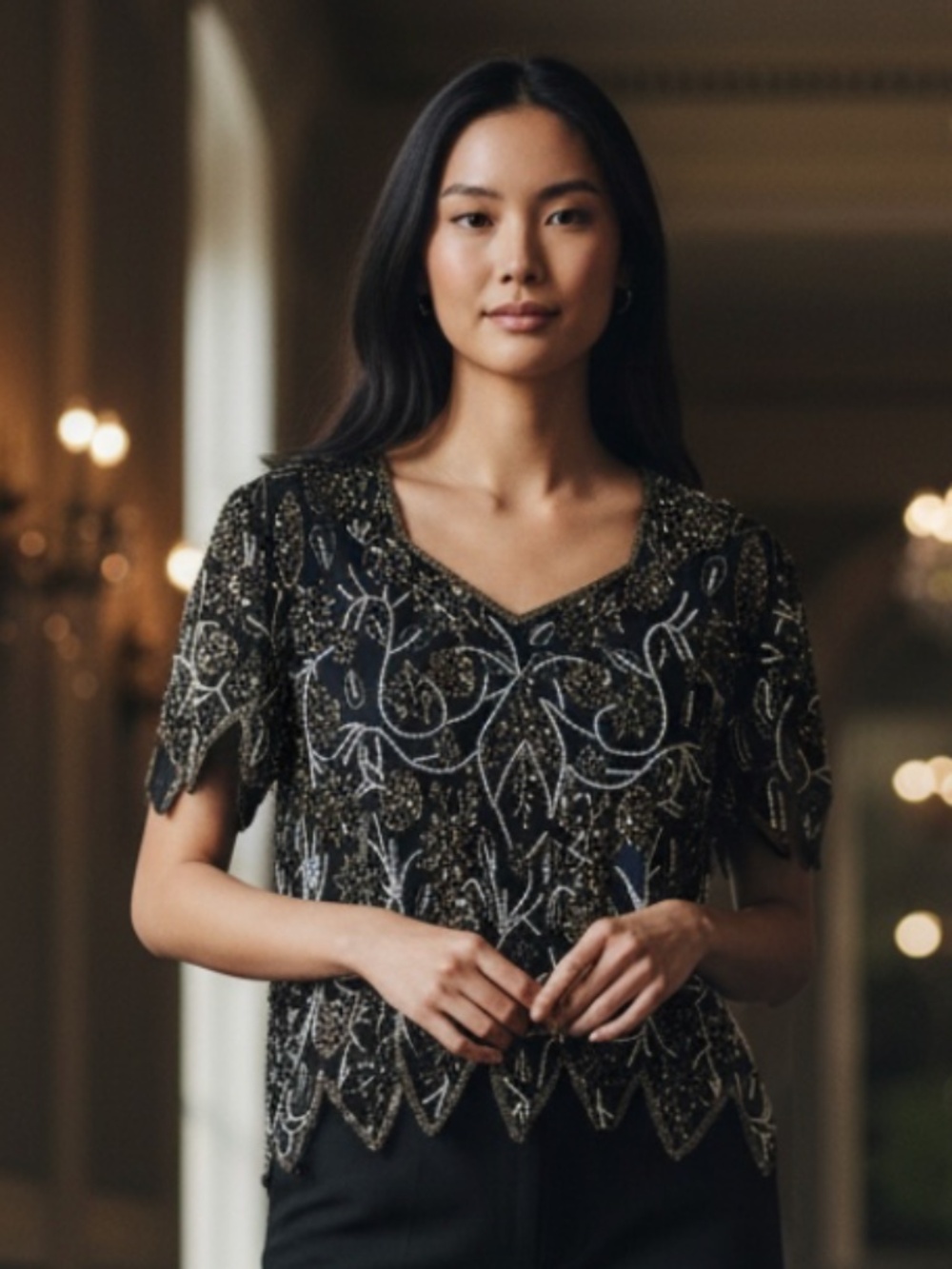 Vtg Laurence Kazar Shirt Top Sz XL 14 16 SILK Beaded Black Gold Party Cocktail